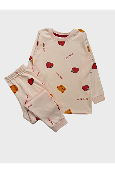 elmas kids Girl's 100% Cotton Pink Strawberry Teddy Bear Print Long Sleeve Pa...