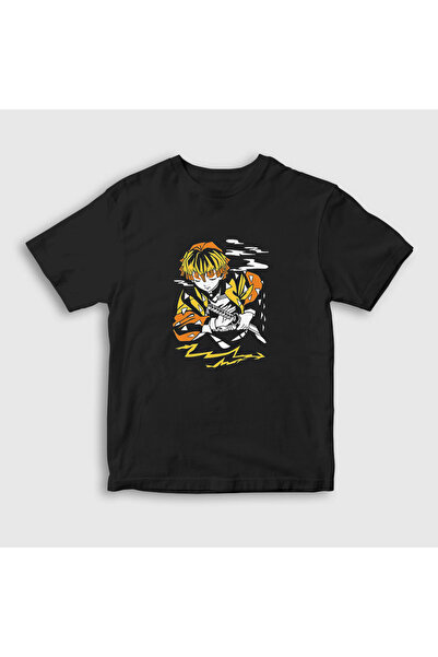 Presmono Unisex Çocuk Siyah Zenitsu V2 Anime Demon Slayer Kimetsu No Yaiba T-shirt 309241tt