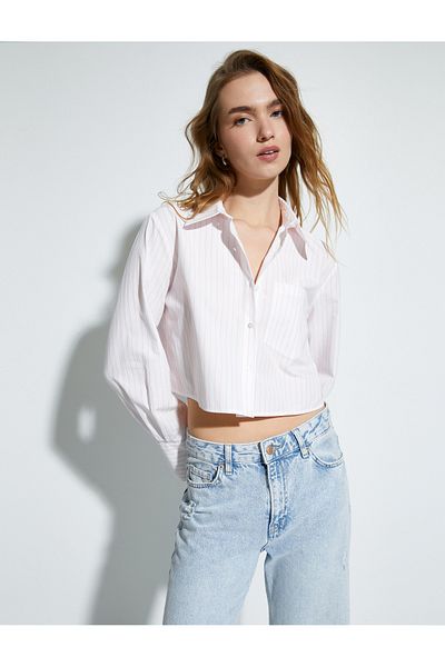 Koton Crop Poplin Shirt Long Sleeve Pocket Detailed Buttoned Classic Collar
