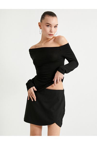 Koton Off-the-Shoulder T-Shirt Asymmetrical Collar Long Sleeve Draped Viscous Fabric
