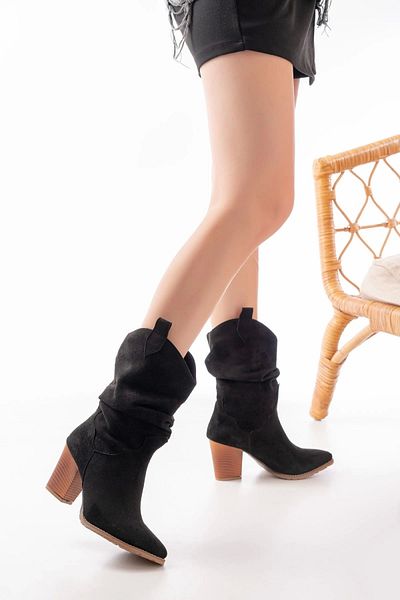 TB Terzi Bey Kömen Ls-1860 Μαύρο Suede Bellows με χοντρό τακούνι καθημερινές γυναικείες μπότες