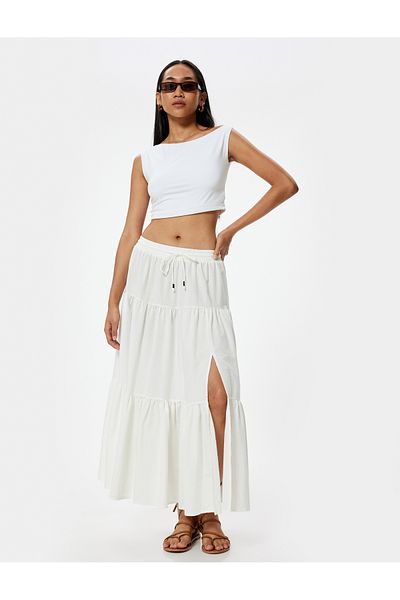 Koton Layered Cotton Midi Skirt - Flared Skirt with Slit Detail