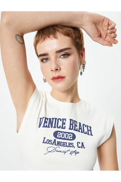 Koton Sleeveless Crop T-Shirt Printed Slim Fit Cotton