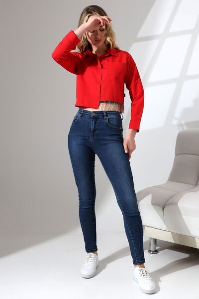 ENFİ GİYİM Enfi Terikoton Pearl Stone Sleeve Crop Shirt