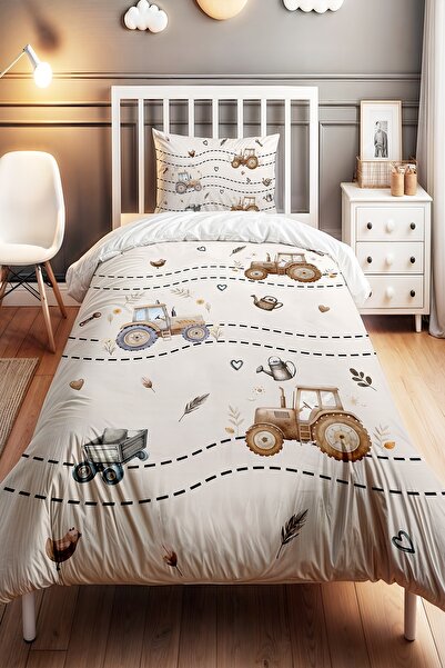 EVPANYA Kahverengi Traktör Desenli Tek Kişilik Bebek Çocuk Nevresim Seti