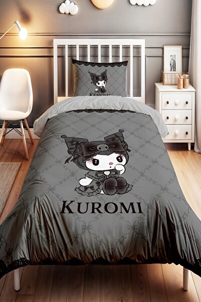 EVPANYA Gri Desenli Utangaç Kuromi Desenli Tek Kişilik Bebek Çocuk Nevresim Seti