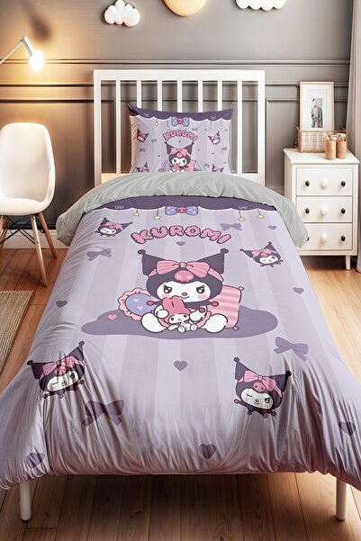 EVPANYA Mor Şeritli Oyuncu Kuromi Desenli Tek Kişilik Bebek Çocuk Nevresim Seti