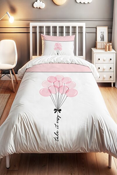 EVPANYA Pembe Balonlar  Desenli Tek Kişilik Bebek Çocuk Nevresim Seti