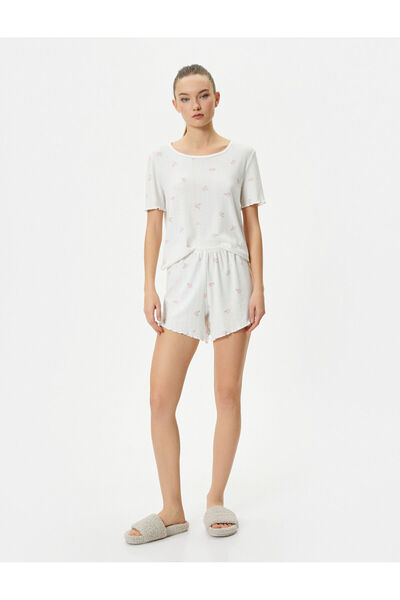 Koton Şortlu Pijama Takımı Kısa Kollu Bisiklet Yaka Çiçekli