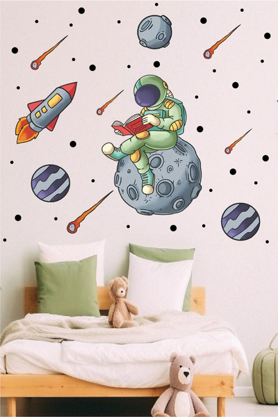 GSticker مجموعة ملصقات حائط لغرفة البنات على شكل رائد فضاء يقرأ كتابًا على ال...
