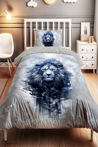 EVPANYA Lacivert Kral Aslan Desenli Tek Kişilik Bebek Çocuk Nevresim Seti