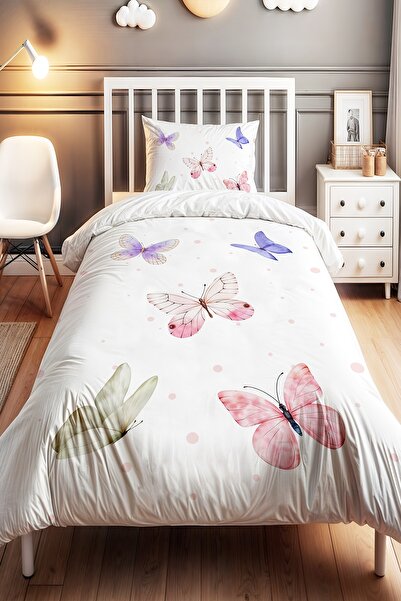EVPANYA Puantiyeli Kelebek Rüyası Desenli Tek Kişilik Bebek Çocuk Nevresim Seti