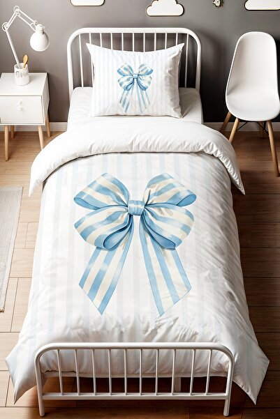 EVPANYA Mavi Şeritli Fiyonk Desenli Tek Kişilik Bebek Çocuk Nevresim Seti