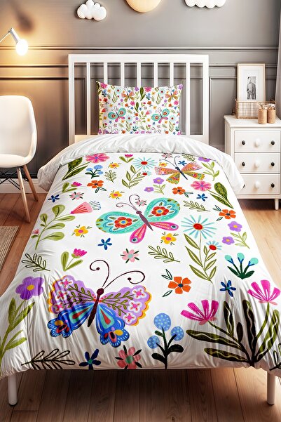 EVPANYA Renkli Kelebek Ormanı Desenli Tek Kişilik Bebek Çocuk Nevresim Seti