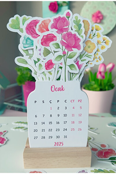 SooPRINT 2026 Çiçekli Buket Temalı Ahşap Standlı Masa Takvimi - Hediye / Dekoratif /takvim / Yılbaşı