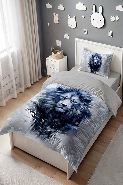 EVPANYA Lacivert Kral Aslan Desenli Tek Kişilik Bebek Çocuk Nevresim Seti