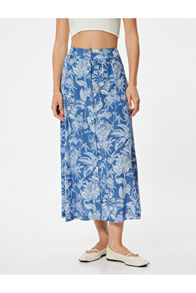 Koton Floral Patterned Linen Midi Skirt - Buttoned
