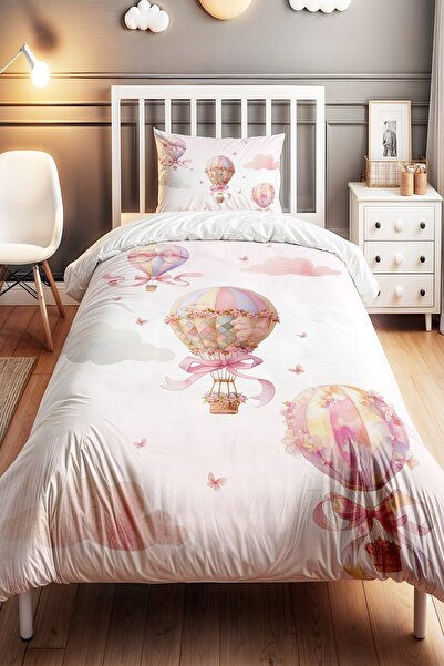 EVPANYA Pembe Çiçekli Balonlar Desenli Tek Kişilik Bebek Çocuk Nevresim Seti