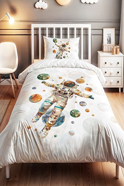 EVPANYA Gezegendeki Astronot Desenli Tek Kişilik Bebek Çocuk Nevresim Seti