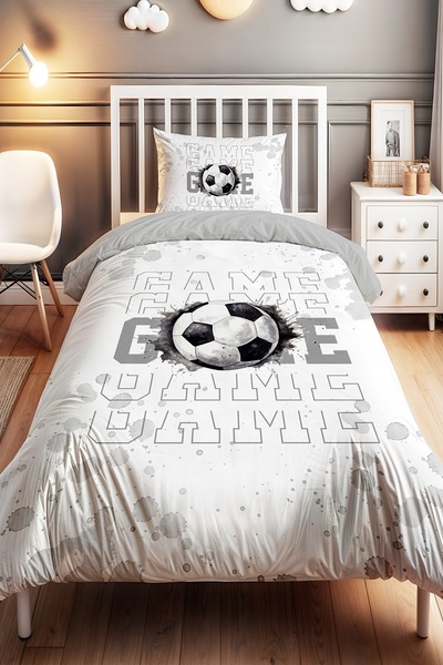 EVPANYA Gri Futbol  Desenli Tek Kişilik Bebek Çocuk Nevresim Seti