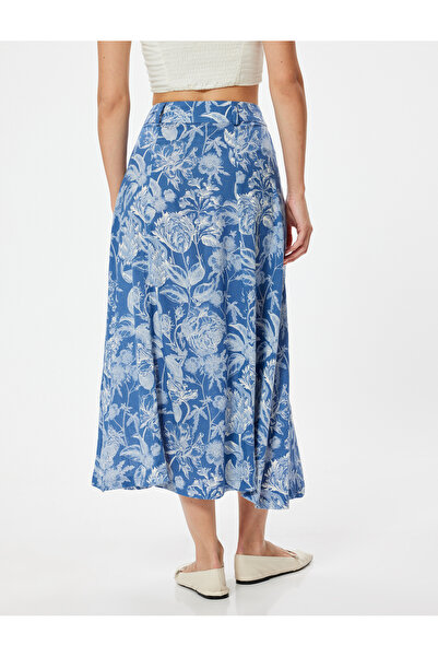 Koton Floral Patterned Linen Midi Skirt - Buttoned
