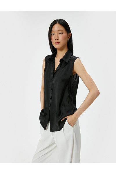 Koton Sleeveless Shirt Satin Buttoned Classic Collar