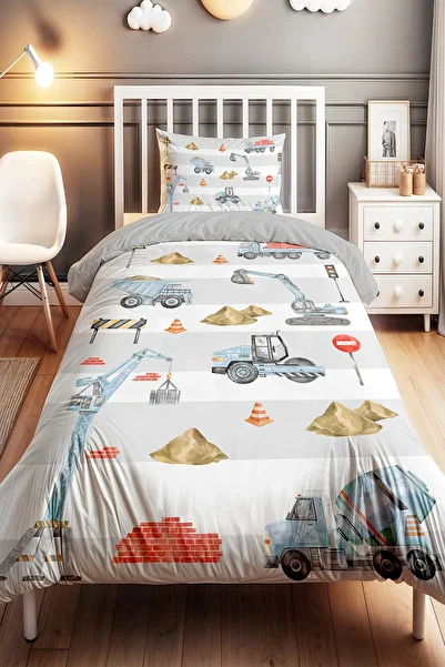 EVPANYA Blue Construction Vehicles Patterned Single Baby Kids Duvet Cover Set