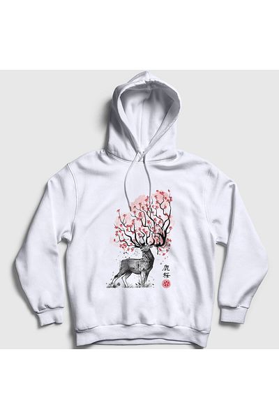 Presmono Φούτερ Unisex White Sakura Deer Deer με κουκούλα 372737 ττ