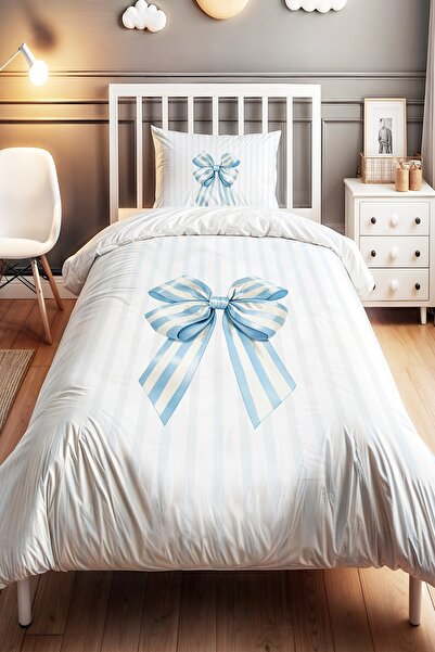 EVPANYA Mavi Şeritli Fiyonk Desenli Tek Kişilik Bebek Çocuk Nevresim Seti