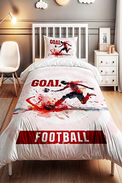 EVPANYA Kırmızı Futbolcu  Desenli Tek Kişilik Bebek Çocuk Nevresim Seti