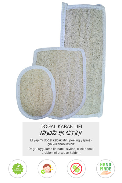 Doğal Kabak Lifi Uzun Sırt + Eldiven + Oval, Banyo Kesesi, %100 Organik, Cilt Bakımı