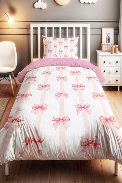 EVPANYA Pembe Şeritli Fiyonklar Desenli Tek Kişilik Bebek Çocuk Nevresim Seti