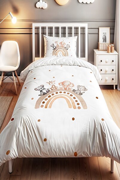 EVPANYA Krem Gökkuşağı ve Safari Desenli Tek Kişilik Bebek Çocuk Nevresim Seti