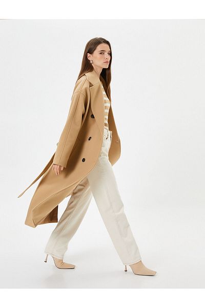 Koton Long Cashmere Coat with Buttons, Double Breasted, Belted Waist, Pockets