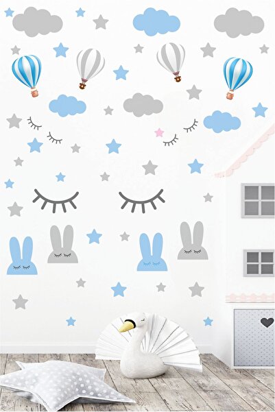 GSticker مجموعة ملصقات حائط لغرفة الأطفال باللون الأزرق - بالون طائر، سحابة، ...