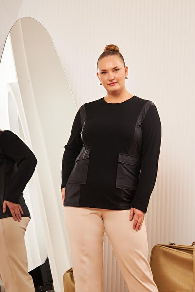 Imagine Giyim Büyük Beden Kadın Cep Kapak Detaylı Deri Garnili Siyah Triko Bl...