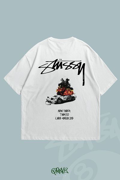 Grove Fashion Stüssy Car Back Printed Unisex Oversize Tshirt