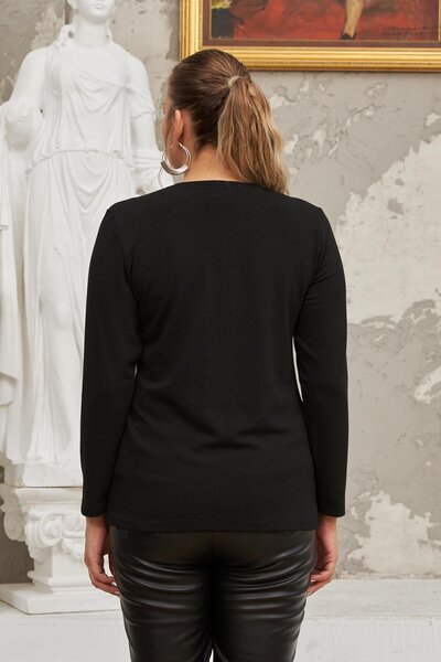 Imagine Giyim Plus Size Women's Black Stylish Blouse with Leather Garnish and Stone Detail – a Timeless Elegance