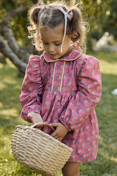 Maya And Luca Girl's Dress Floral Long Sleeve Lined Ribbed 100% Cotton