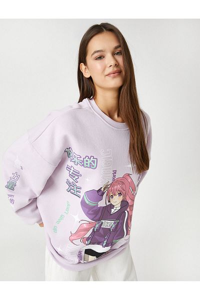 Koton Anime Sweatshirt Oversize Crew Neck Long Sleeve With Fleece Inside