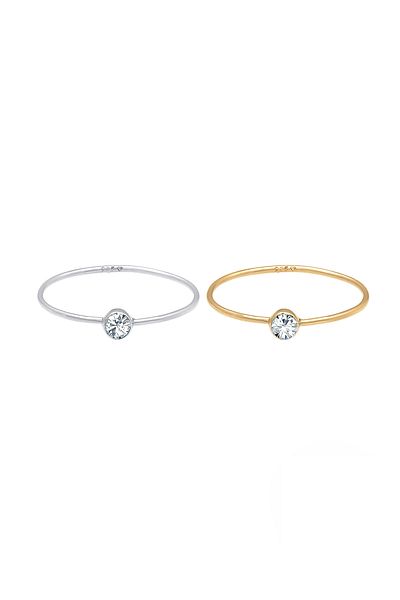 ELLI Inel pentru dama, set de 2 solitaire de bază bicolore, cu cristale, în argint 925, aur.