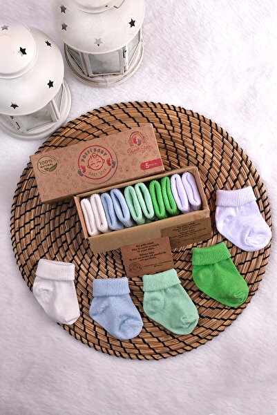 poffibaby Organik Pamuk Unisex 5'li Kutulu Premium Yenidoğan Bebek Çorabı
