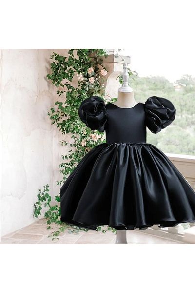MUSGEM Special Design Black Color Balloon Sleeve Bow Detail Girls' Evening Dress