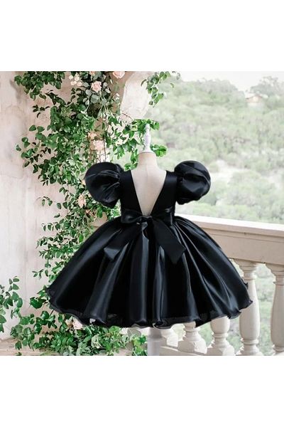 MUSGEM Special Design Black Color Balloon Sleeve Bow Detail Girls' Evening Dress