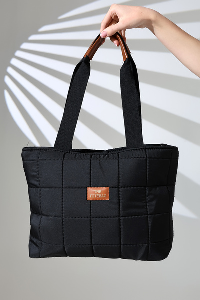 Encool Siyah Kapitoneli Fermuarlı Puf Kumaş Büyük Boy Kadın Omuz Çantası