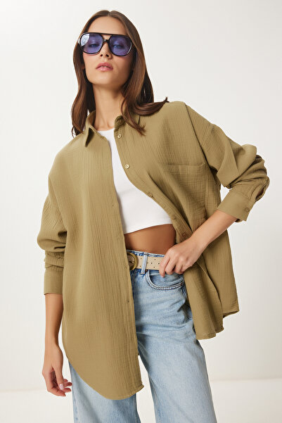 Lovelyİstanbul Oversize Basic Muslin Shirt Oil Green Lmx0002