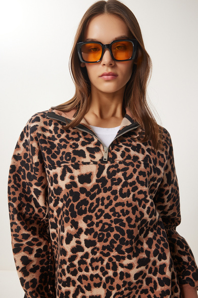 Lovelyİstanbul Black Leopard Print Stand Collar Sweatshirt - Biscuit Ldp0025