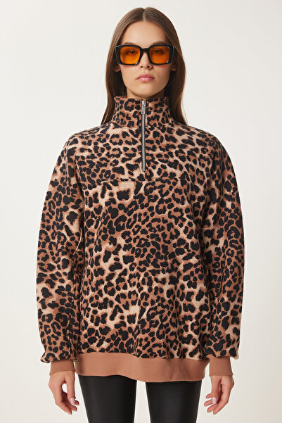Lovelyİstanbul Black Leopard Print Stand Collar Sweatshirt - Biscuit Ldp0025