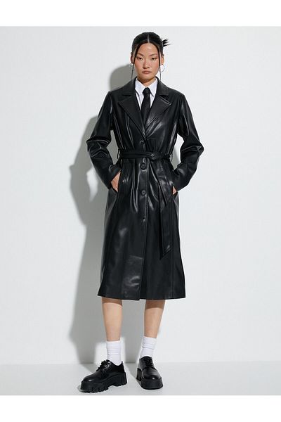 Koton Faux Leather Trench Coat Buttoned Waist Belted Pocket