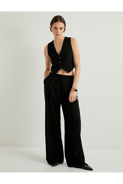 Koton Linen Crop Vest V-Neck Lined Fillet Double Pocket Buttoned